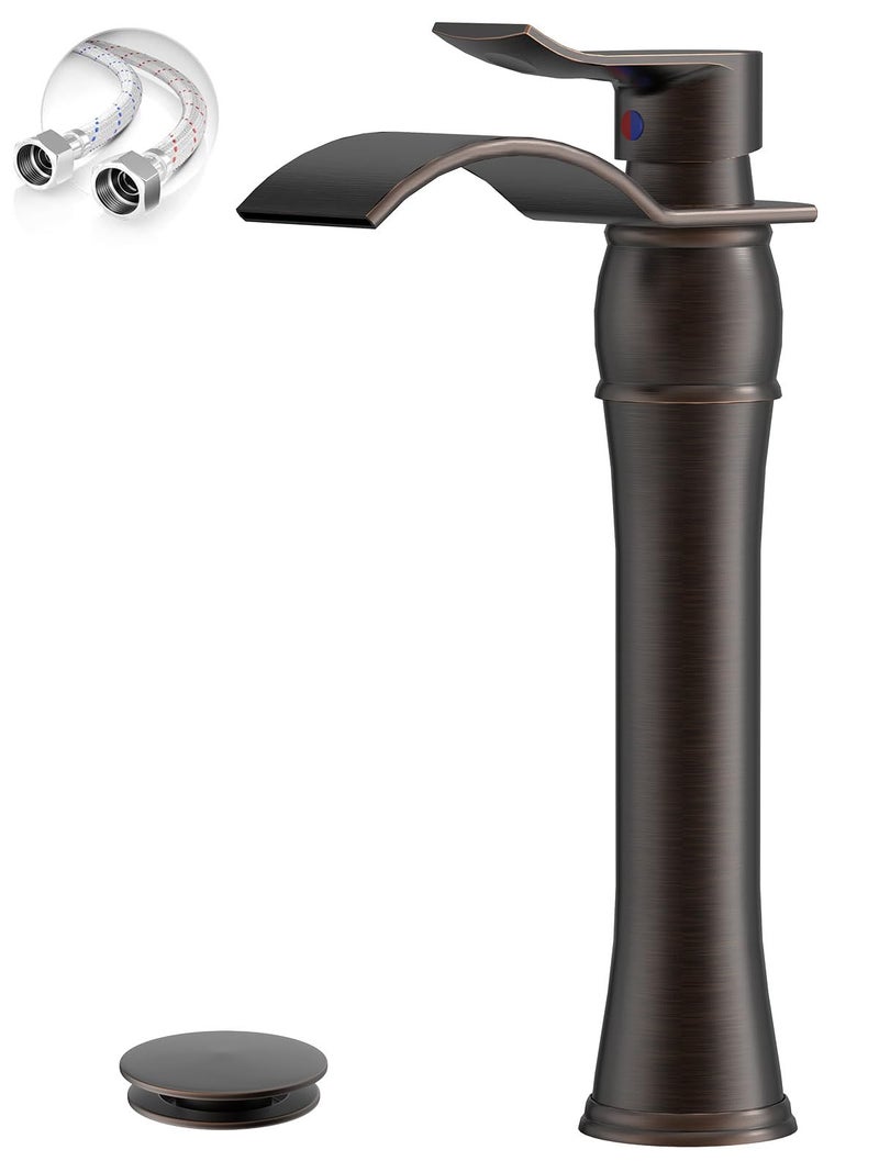 BATHLAVISH Vessel Sink Faucet Oil Rubbed Bronze Waterfall Tall Bathroom Faucet Antique Oiled with Pop Up Drain Assembly Combo Single Handle 1 Hole Bathroom Faucets Vanity Lavatory - Image 1